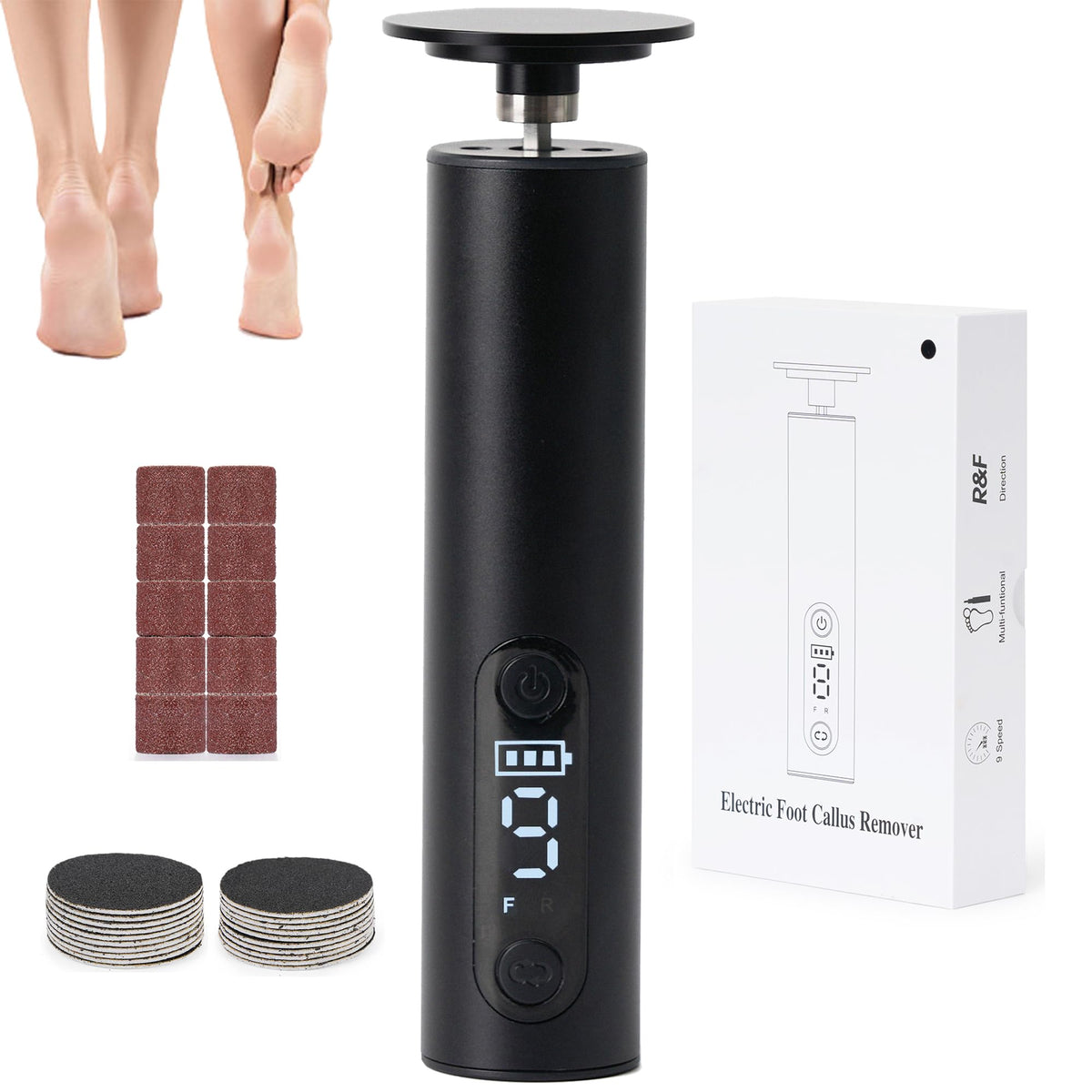 Cesekao Obsidian electric foot callus remover front view with adjustable speed for tailored pedicure.