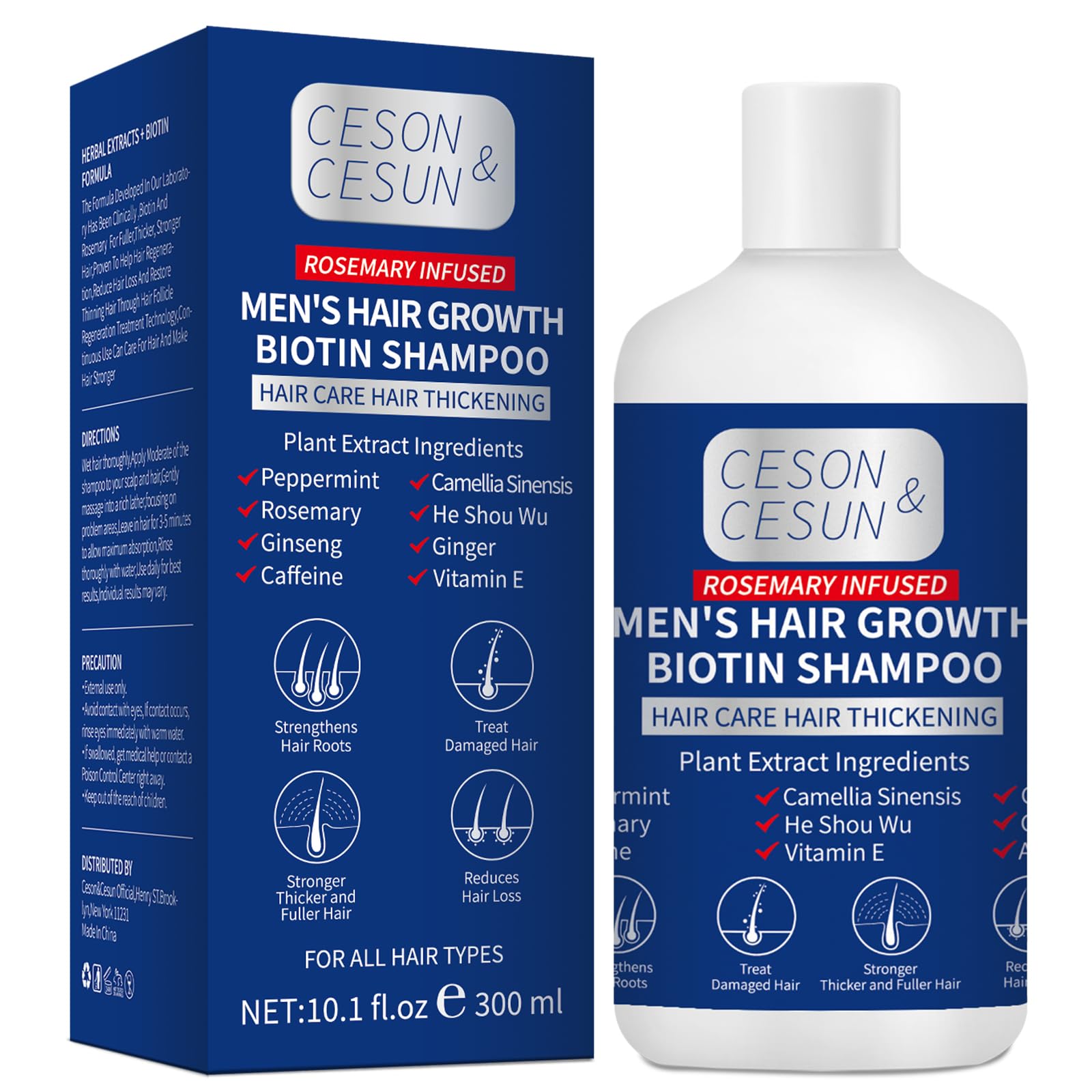 Ceson&Cesun rosemary biotin shampoo bottle promotes fuller-looking hair.