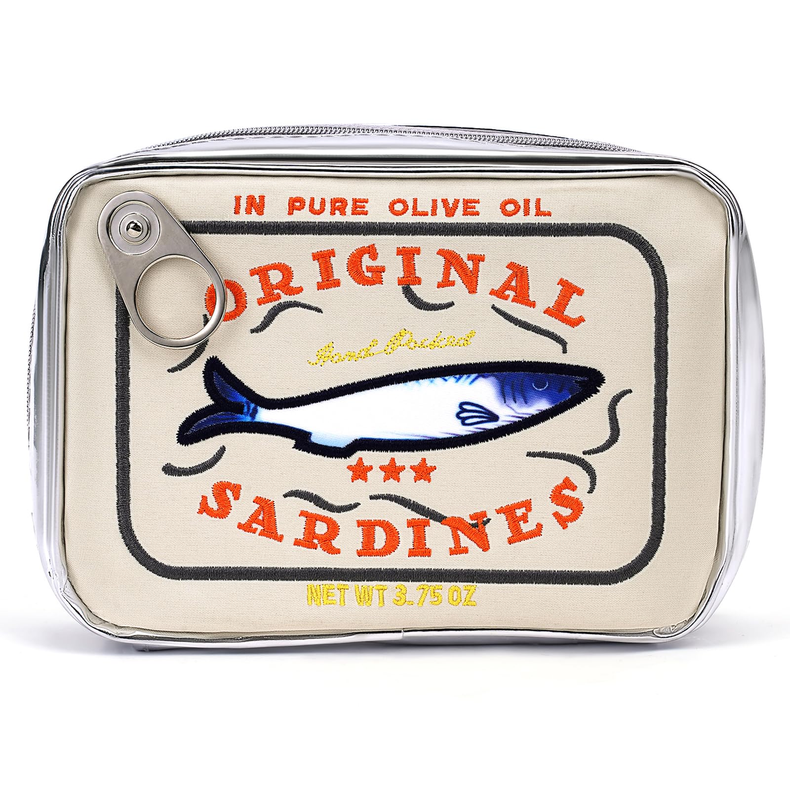 Cessfle canned sardines makeup bag cat fish design offers playful cosmetics storage for quick access.