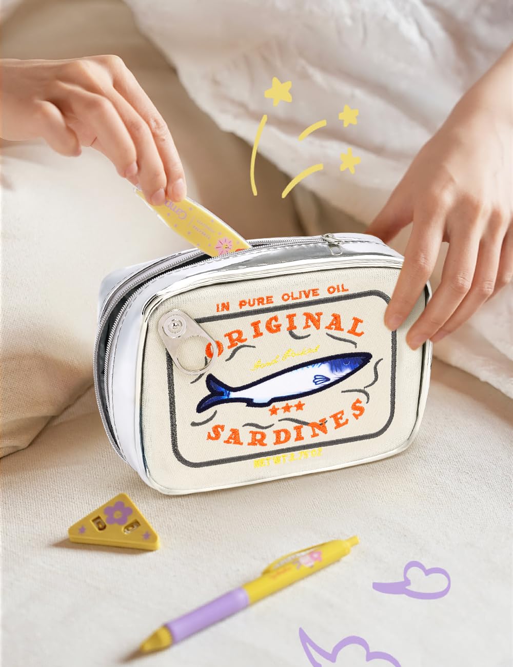 Cessfle canned sardines makeup bag embroidery pattern highlights vivid detail for stylish organization.
