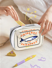 Cessfle canned sardines makeup bag embroidery pattern highlights vivid detail for stylish organization.