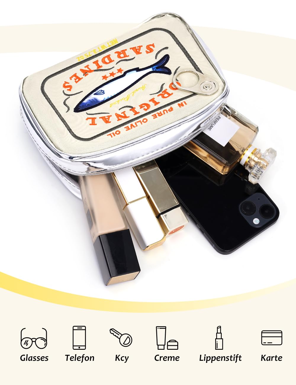 Cessfle canned sardines makeup bag travel-size is easy to pack in luggage or a bag.