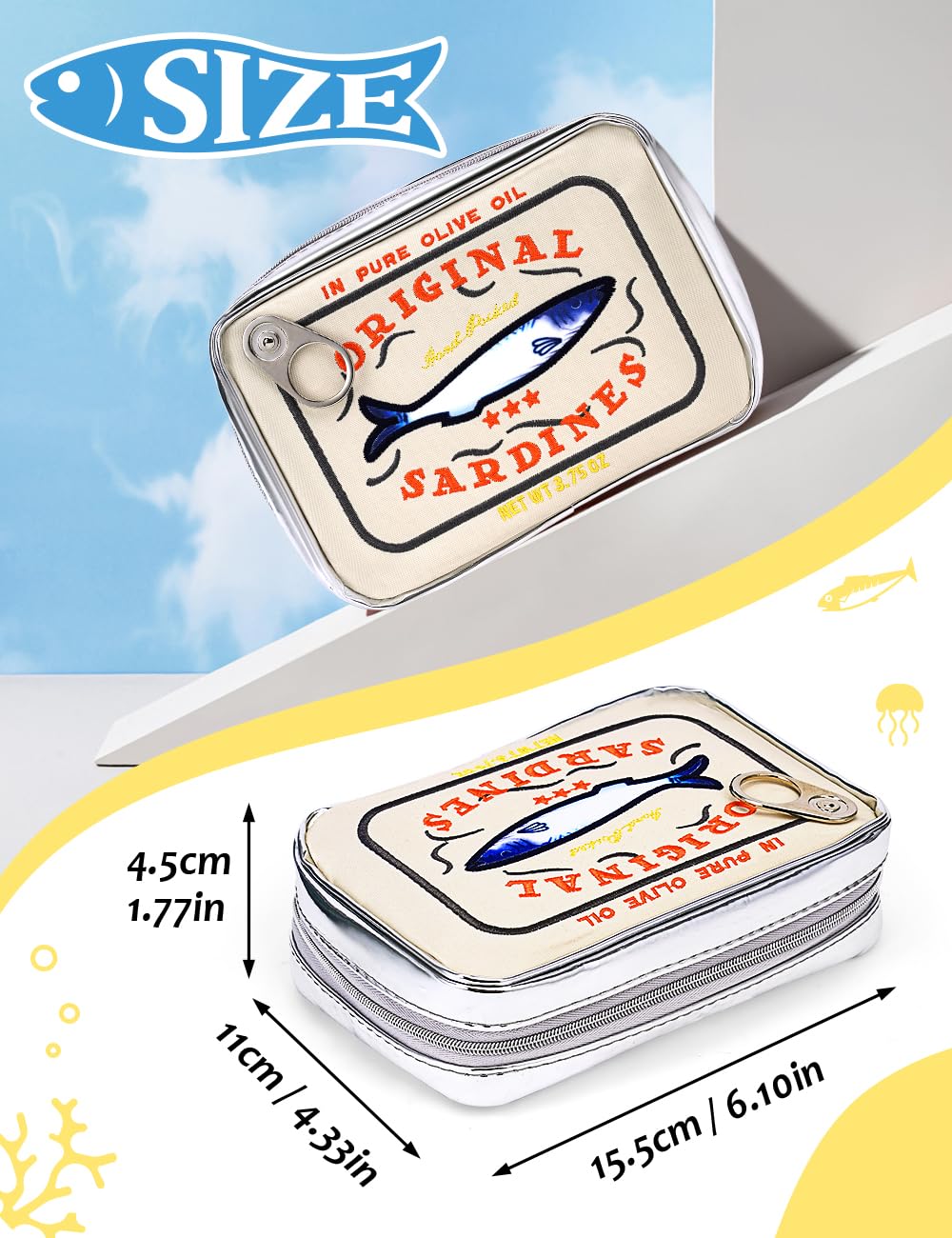 Cessfle canned sardines makeup bag zipper detail demonstrates durable, smooth closure.