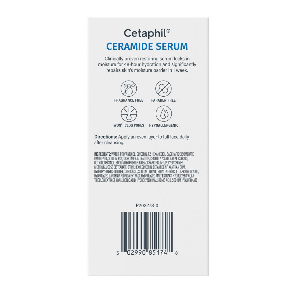 Cetaphil Ceramide Serum closeup logo reinforces trusted brand for delicate skincare.