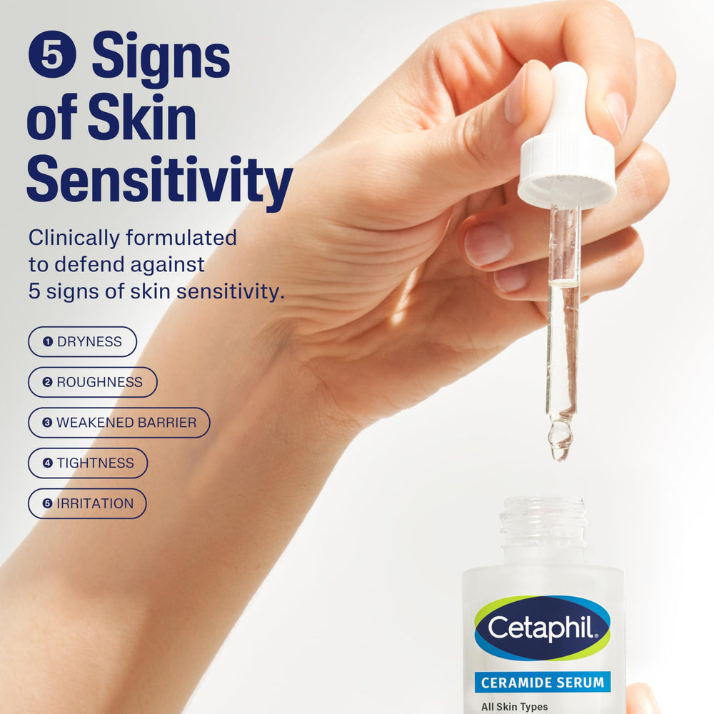 Cetaphil Ceramide Serum dispense pump enables easy, controlled application for barrier support.