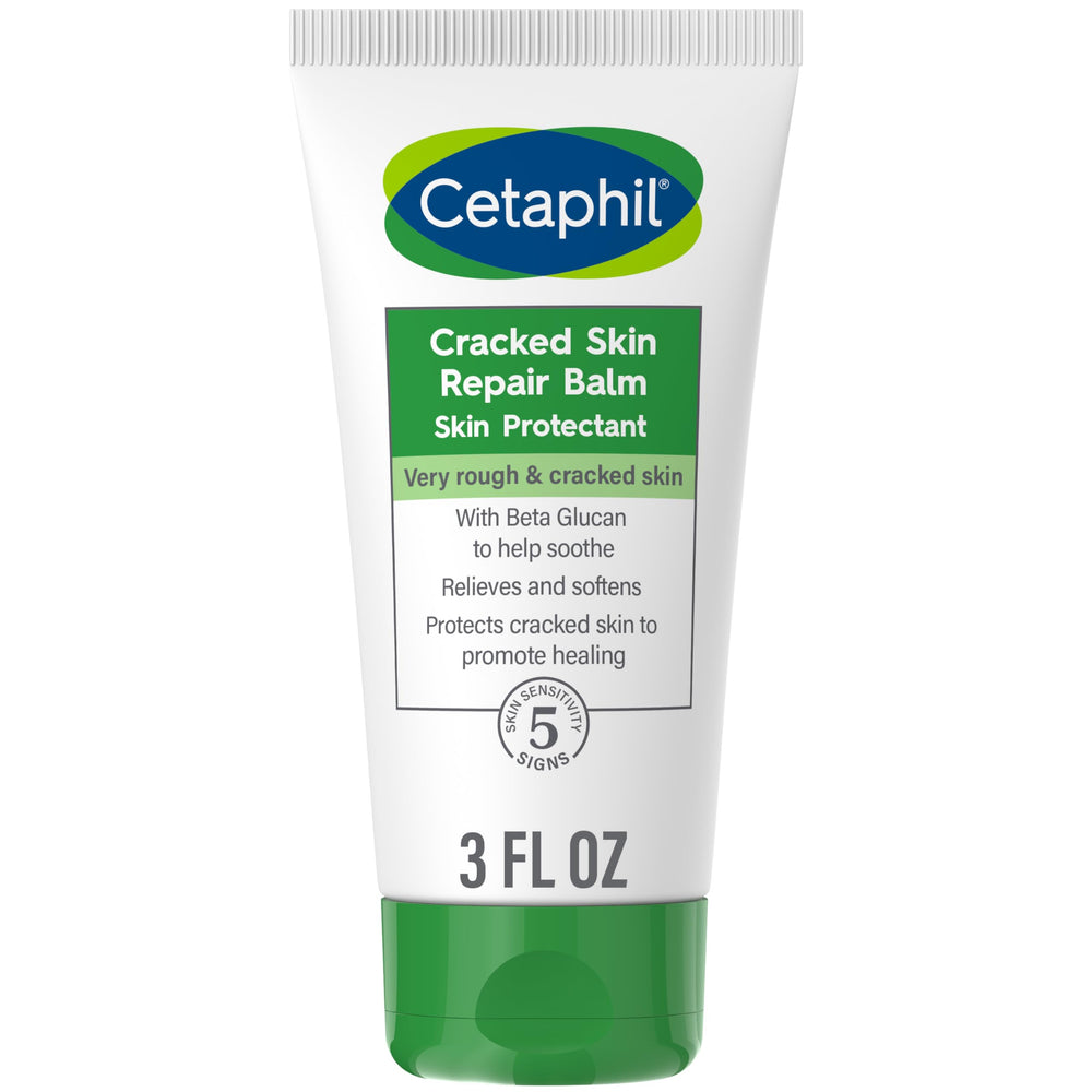 Cetaphil Cracked Skin Repair Balm packaging shows fragrance-free, hypoallergenic protection for sensitive skin.