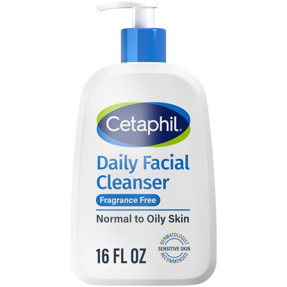 Cetaphil Daily Facial Cleanser bottle front shows fragrance-free formula for sensitive skin