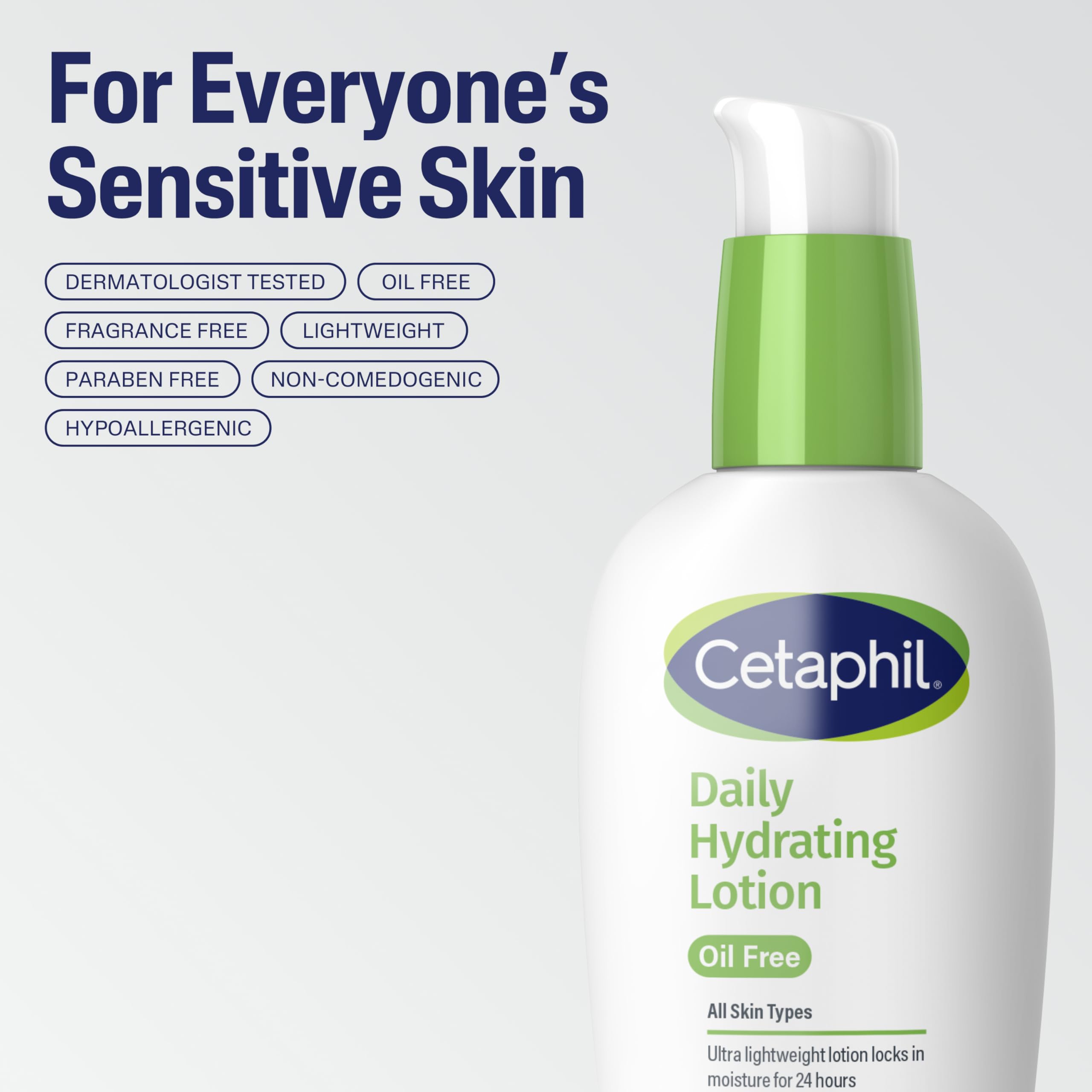 Cetaphil Daily Hydrating Lotion presented as hypoallergenic for delicate skin.
