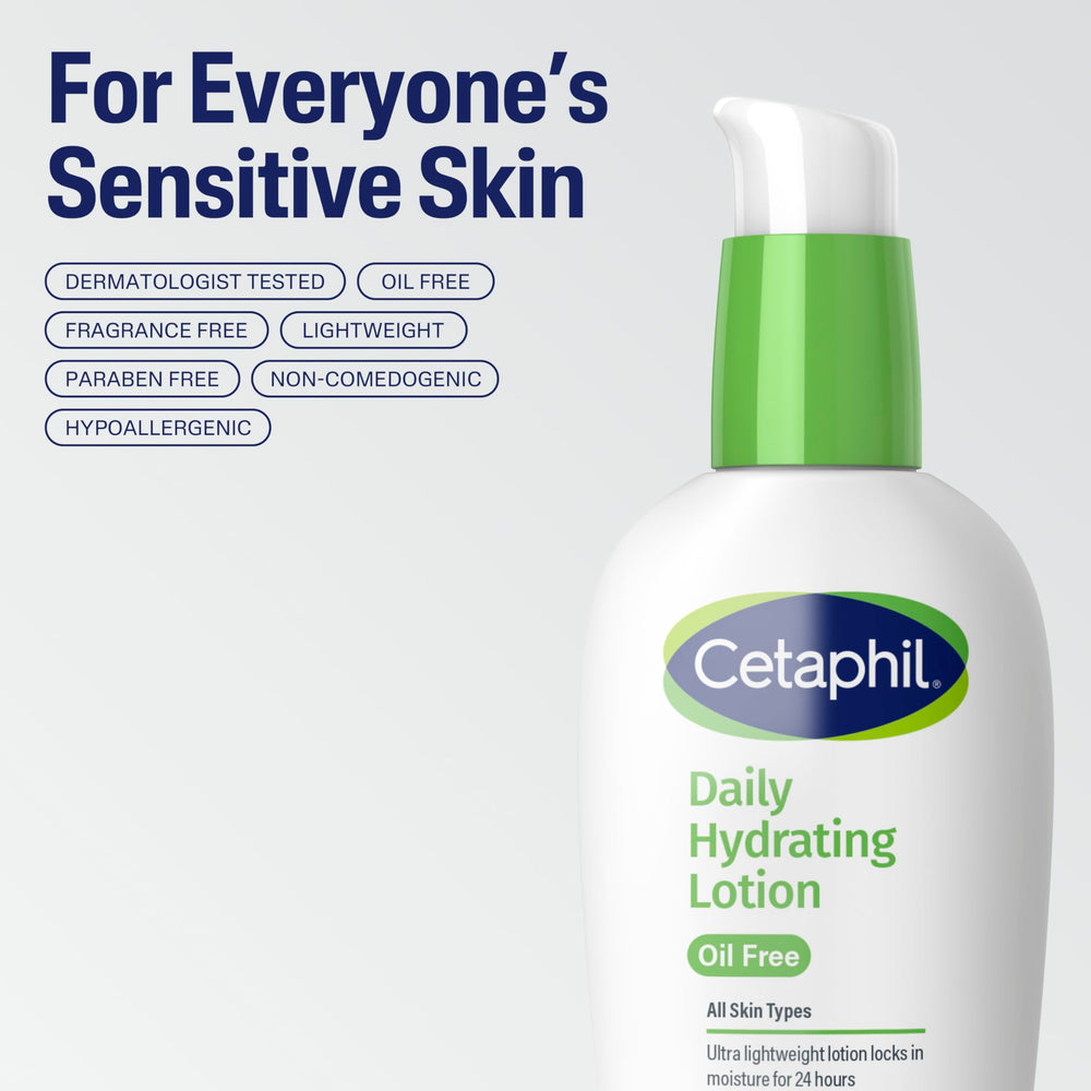 Cetaphil Daily Hydrating Lotion presented as hypoallergenic for delicate skin.