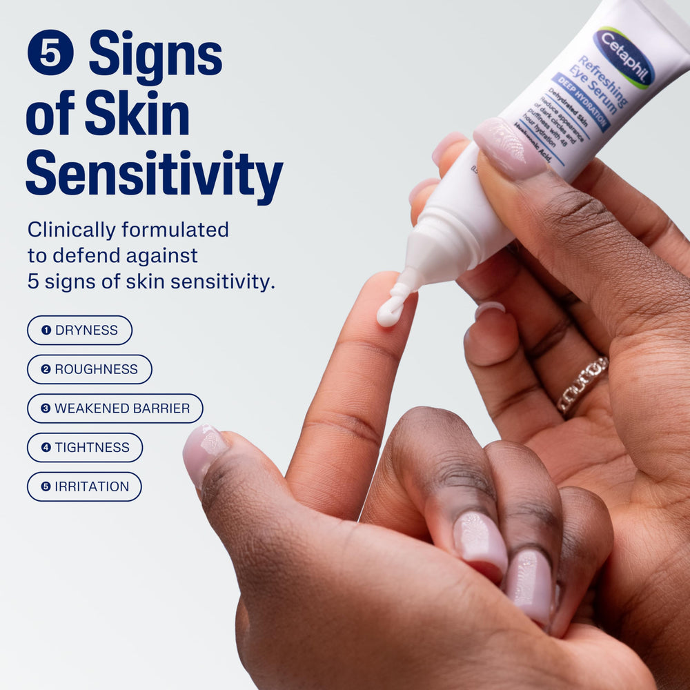 Cetaphil Deep Hydration Eye Serum being applied under the eye for smoothness.