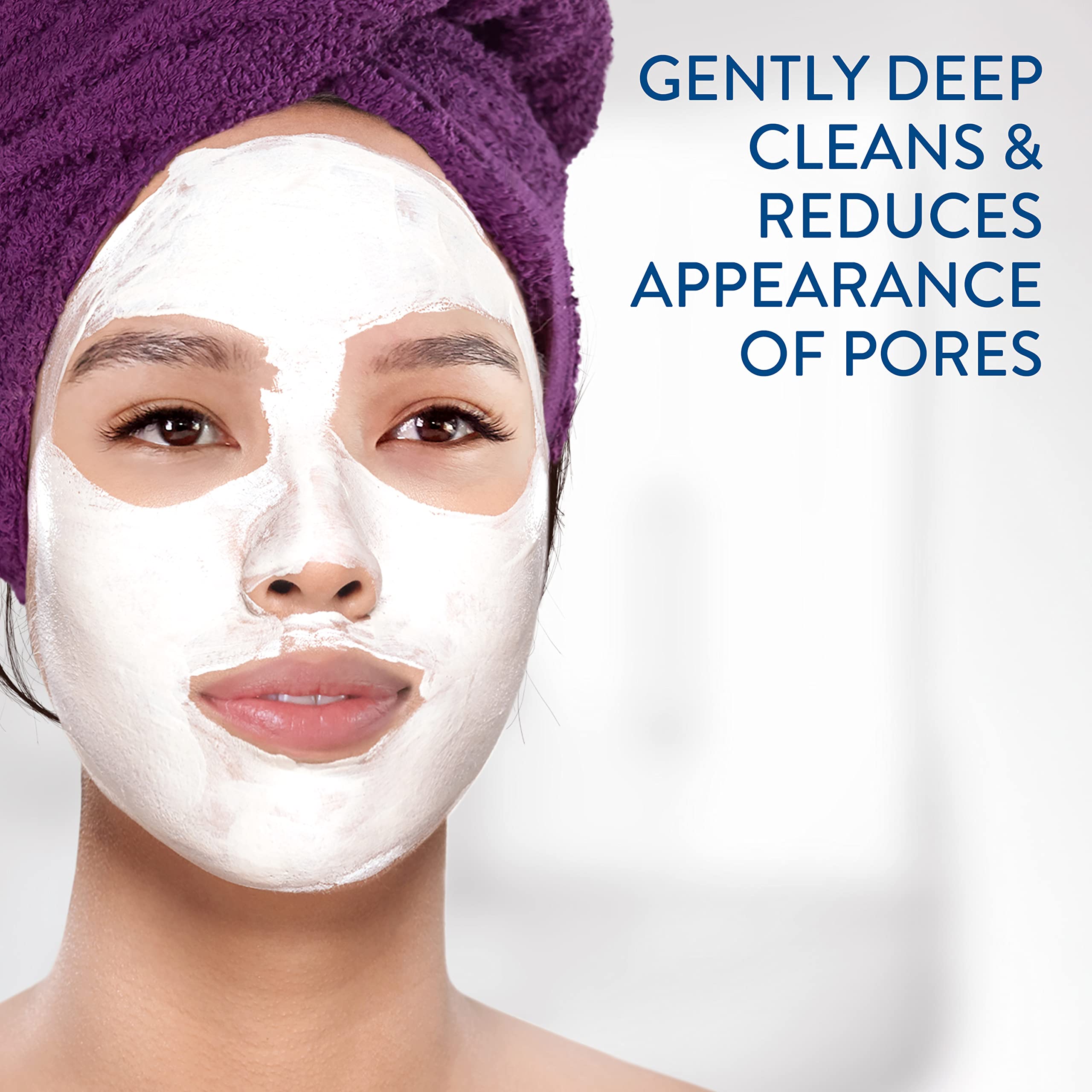 Applied-on-face view demonstrates Cetaphil clay mask purifying action on pores.