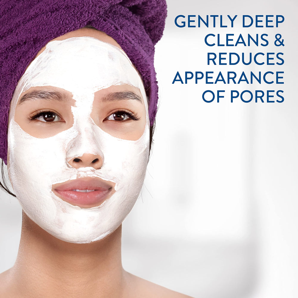 Applied-on-face view demonstrates Cetaphil clay mask purifying action on pores.