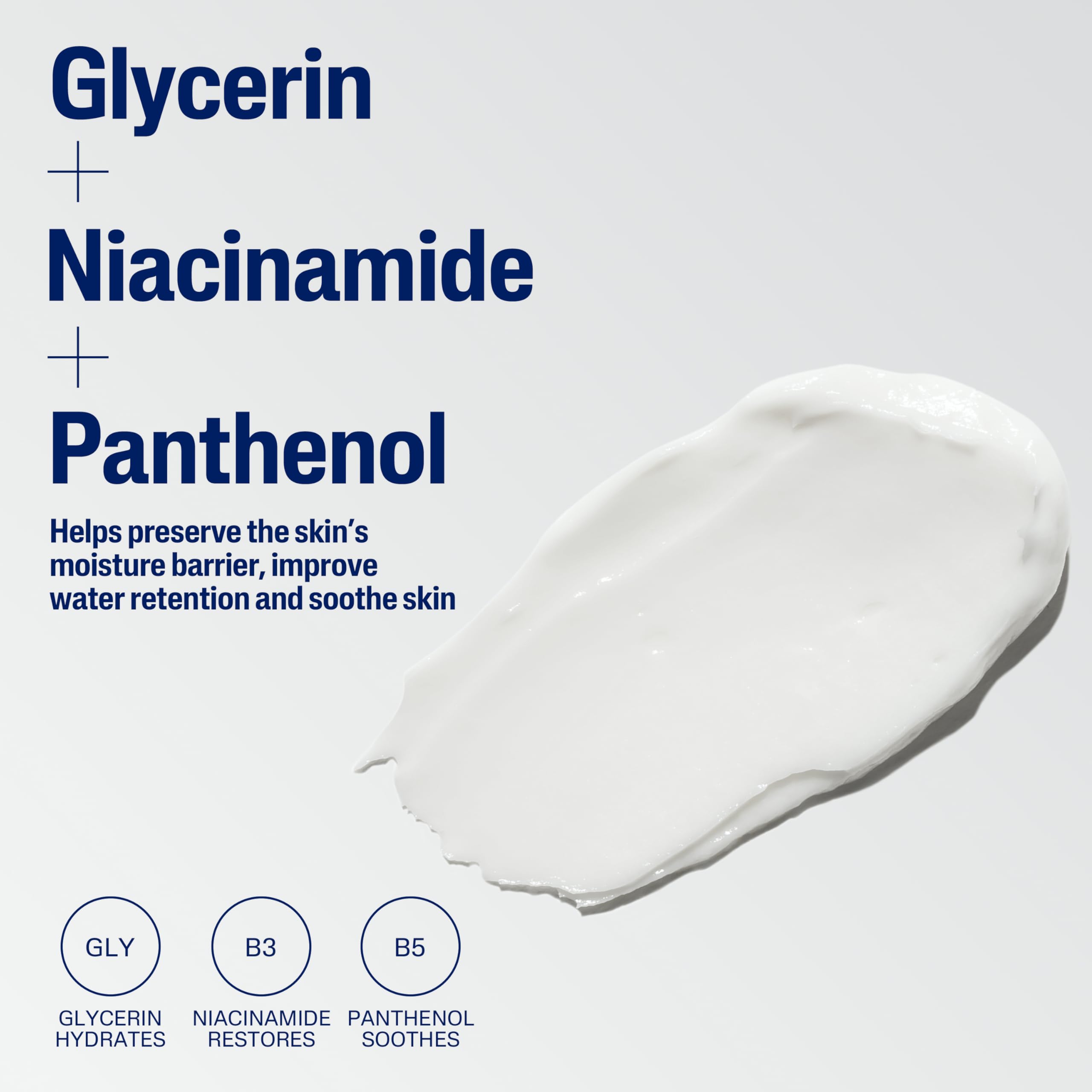 Cetaphil fragrance-free ingredients panel with glycerin and vitamins for skin support.
