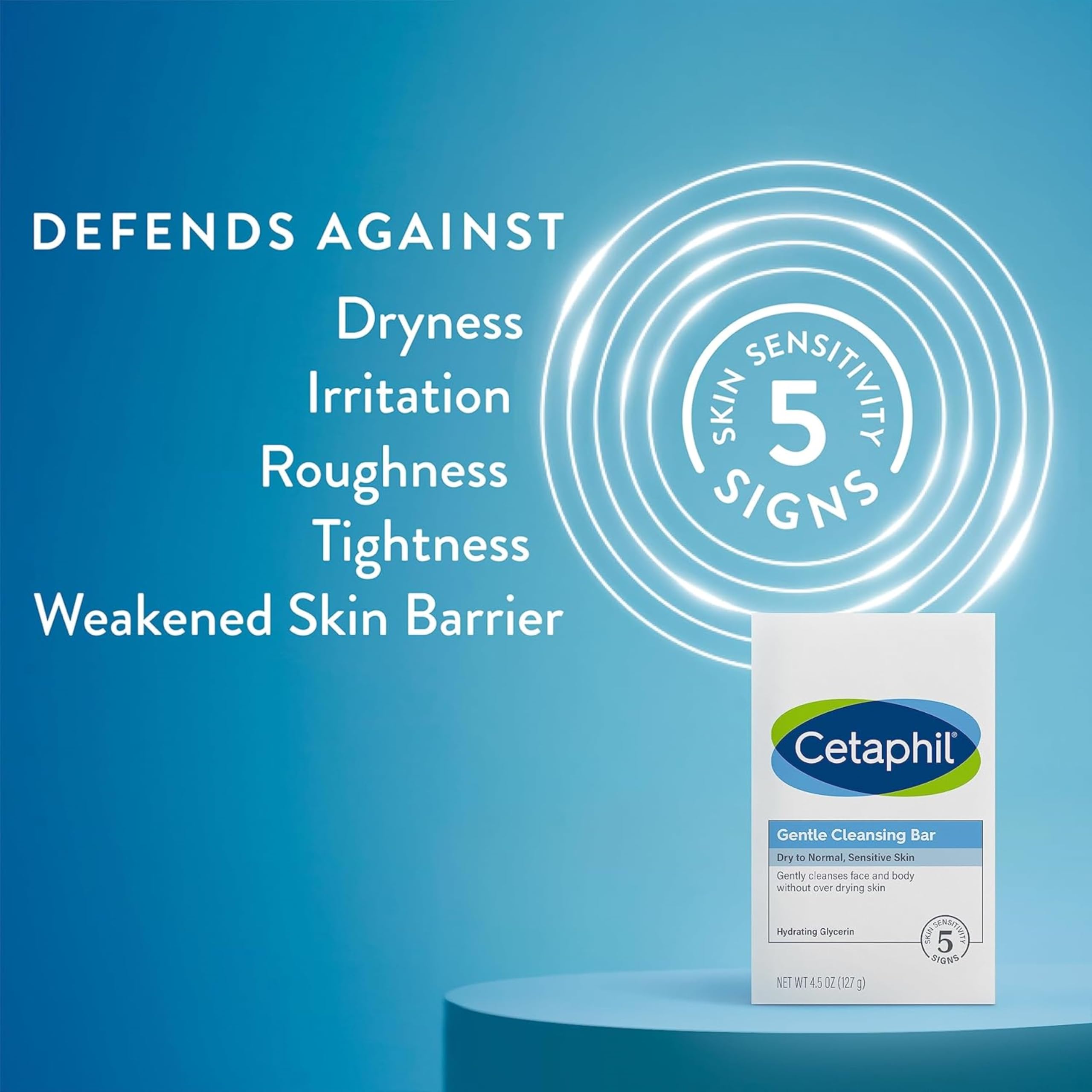 Cetaphil Gentle Cleansing Bar packaging highlights hypoallergenic formula for sensitive skin.