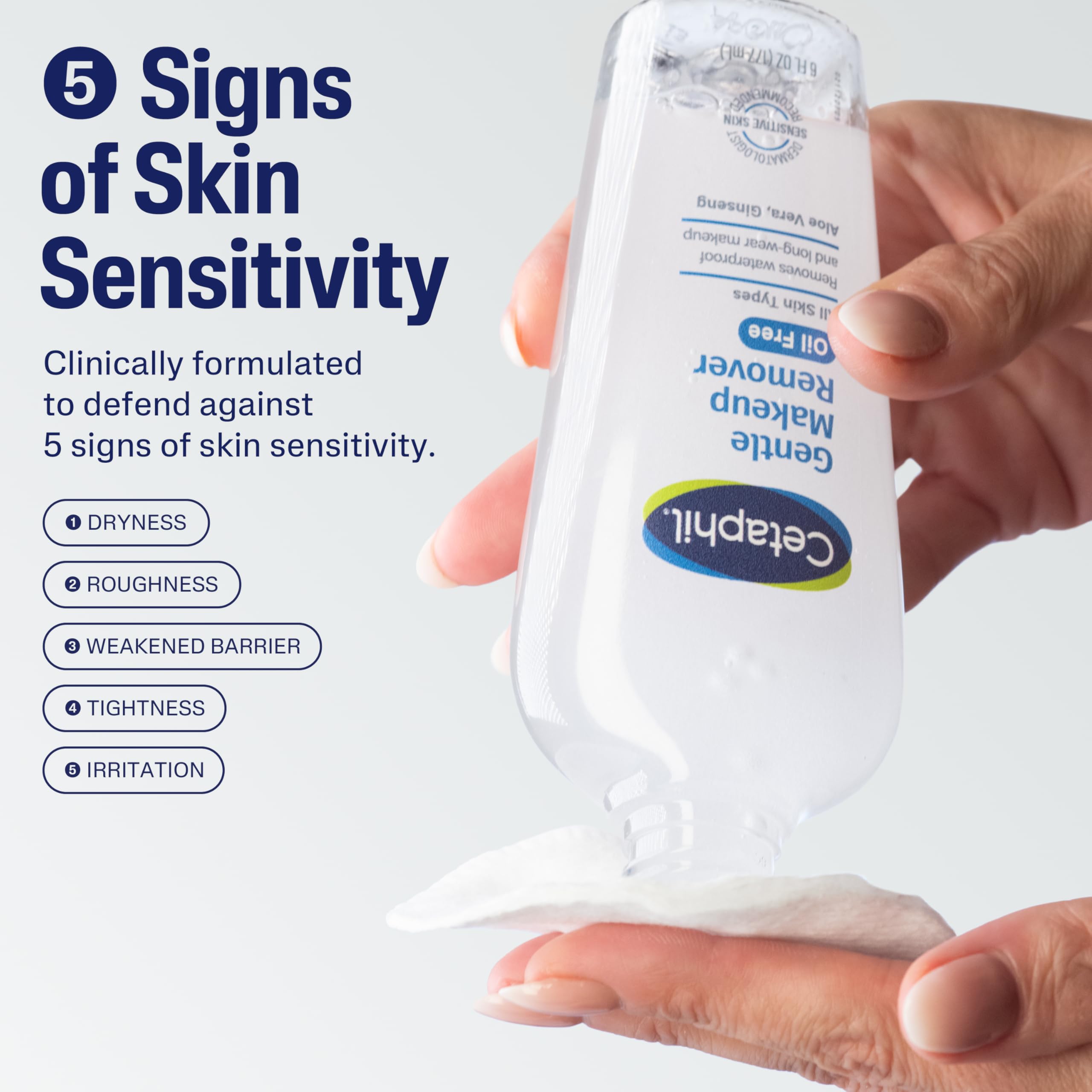 Cetaphil Gentle Oil-Free Makeup Remover bottle closeup shows biphasic formula.