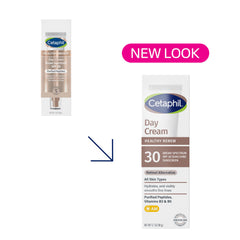 Cetaphil Healthy Renew Day Cream SPF 30 pump top focus, quick absorption and daily SPF protection.