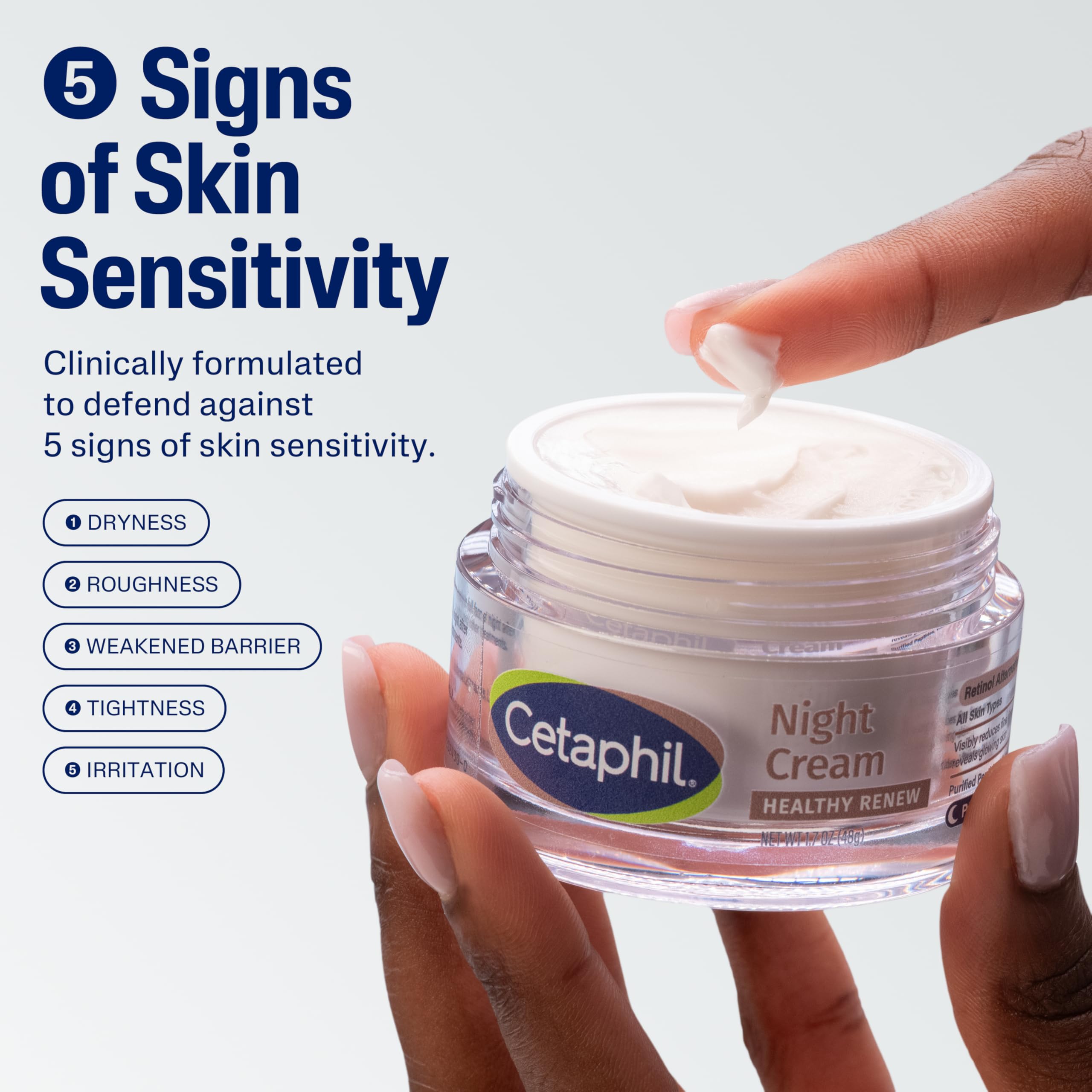 Cetaphil Healthy Renew Night Cream application on skin suggests overnight nourishment and glow.