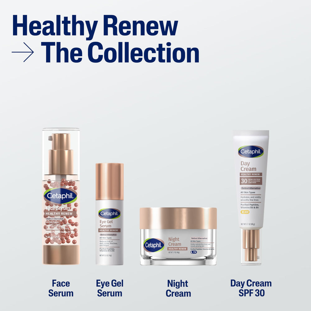 Cetaphil Healthy Renew jar with cover and spoon demonstrates rich texture ready for nightly use.