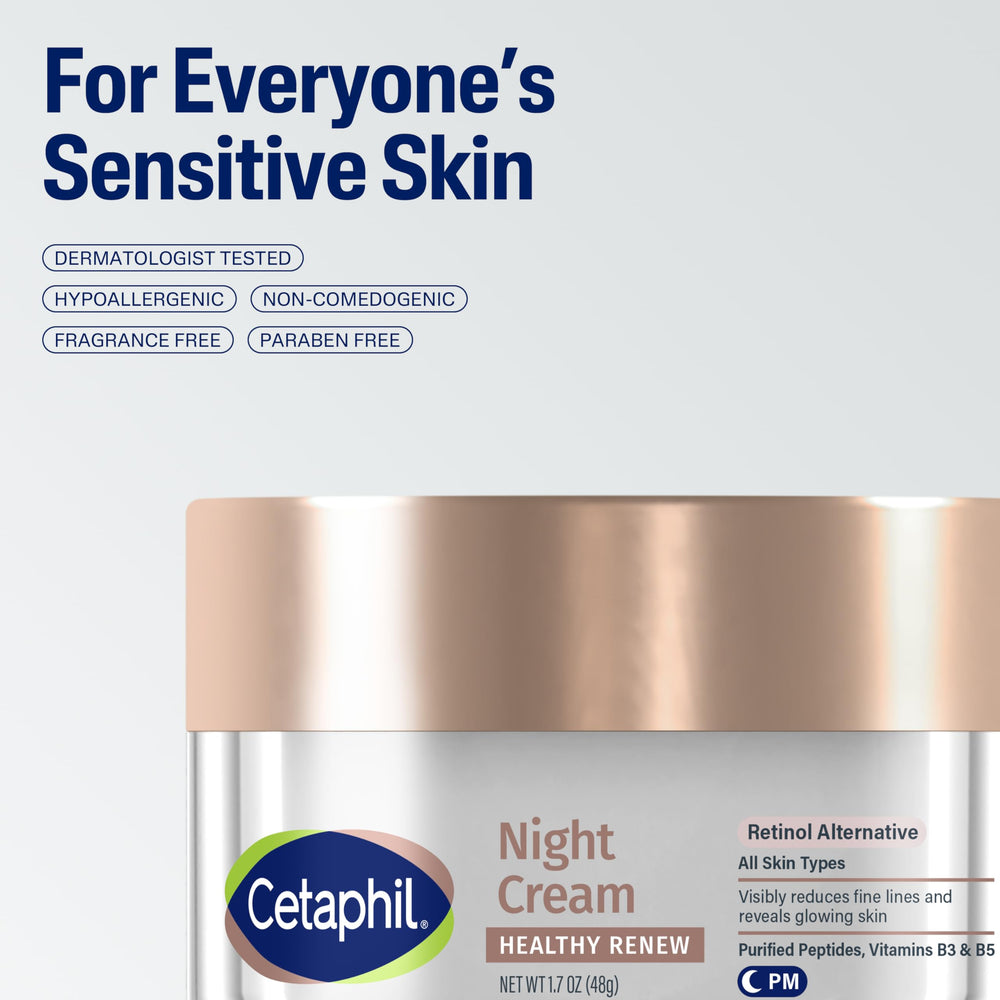 Cetaphil Healthy Renew Night Cream on nightstand suggests easy nightly skincare ritual.