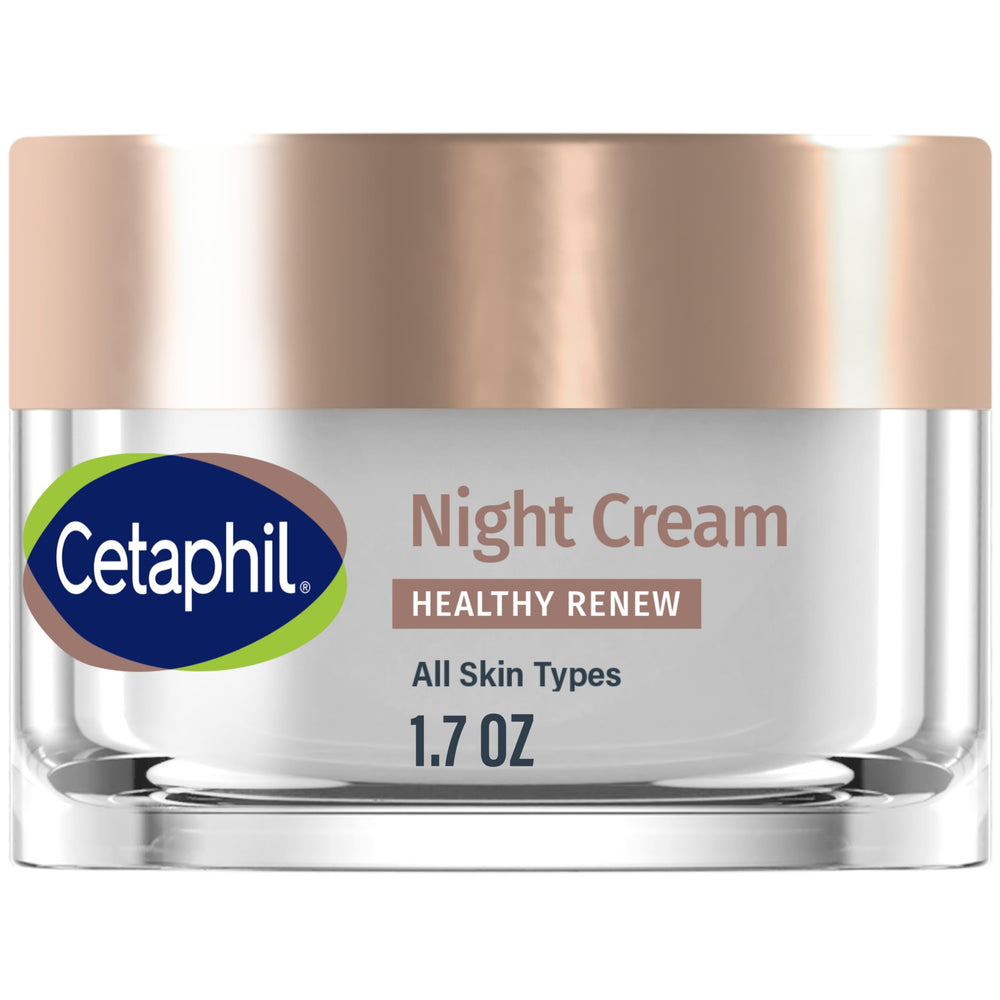 Cetaphil Healthy Renew Night Cream jar close-up showing creamy texture for overnight hydration.