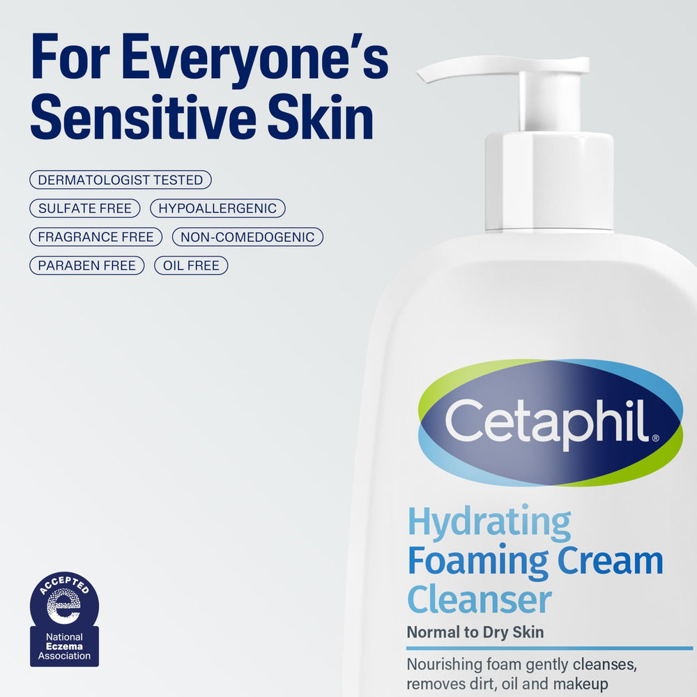 Cetaphil Hydrating Foaming Cream Cleanser aloe emphasis image suggests soothing benefits during cleansing ritual.