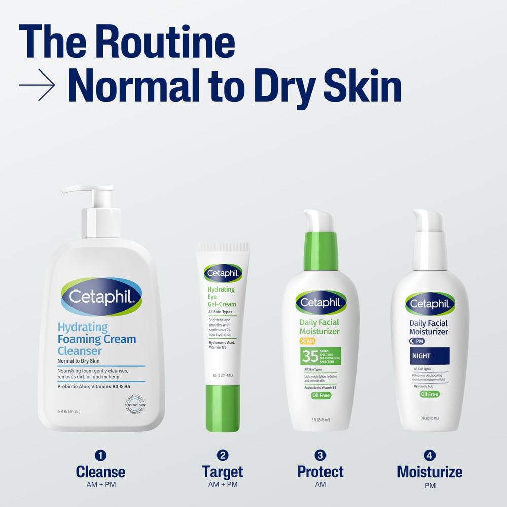 Cetaphil Hydrating Foaming Cream Cleanser on bathroom counter promotes simple daily skincare routine.