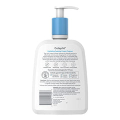 Cetaphil Hydrating Foaming Cream Cleanser foam closeup shows rich lather and skin hydration.