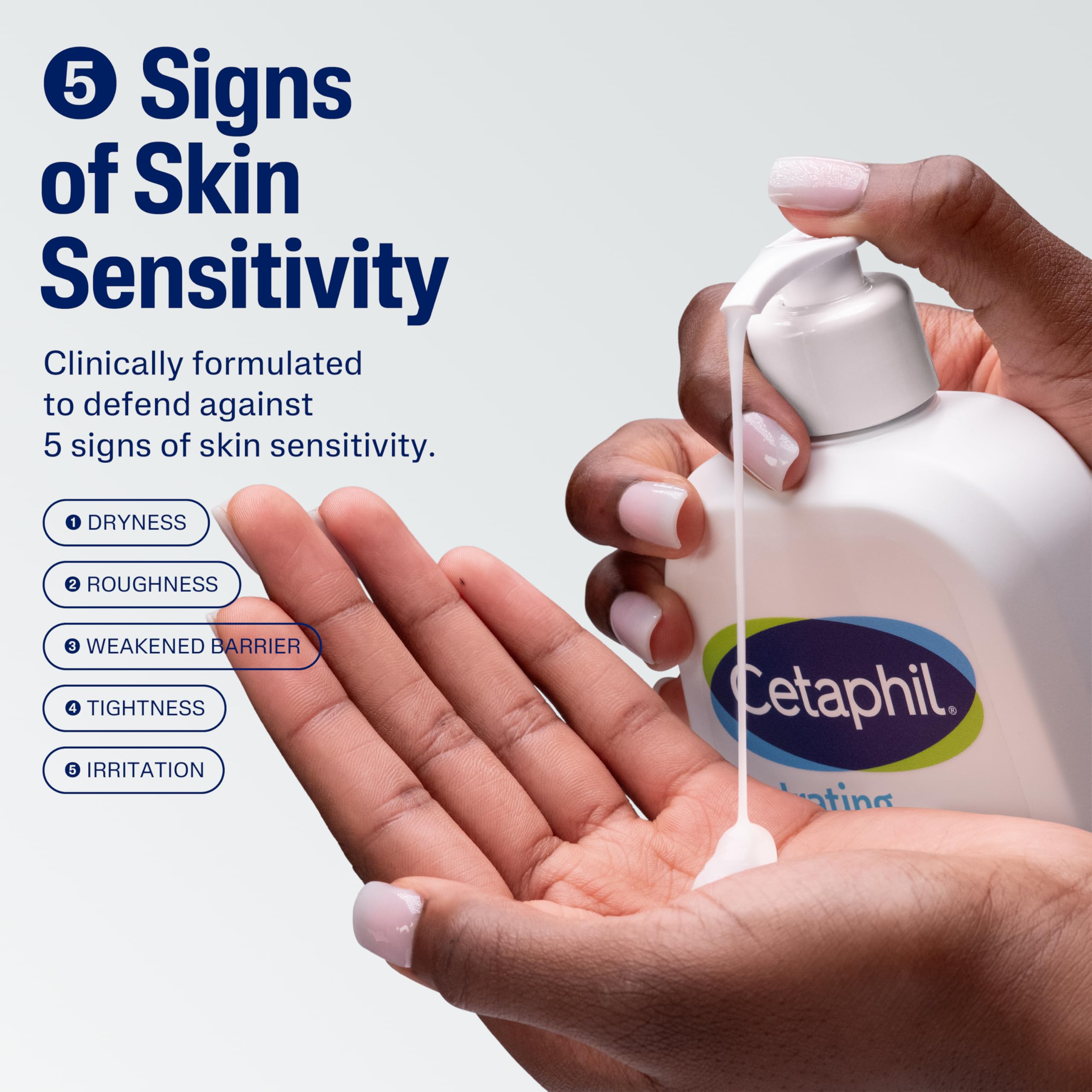 Cetaphil Hydrating Foaming Cream Cleanser packshot shows fragrance-free formula for sensitive skin.