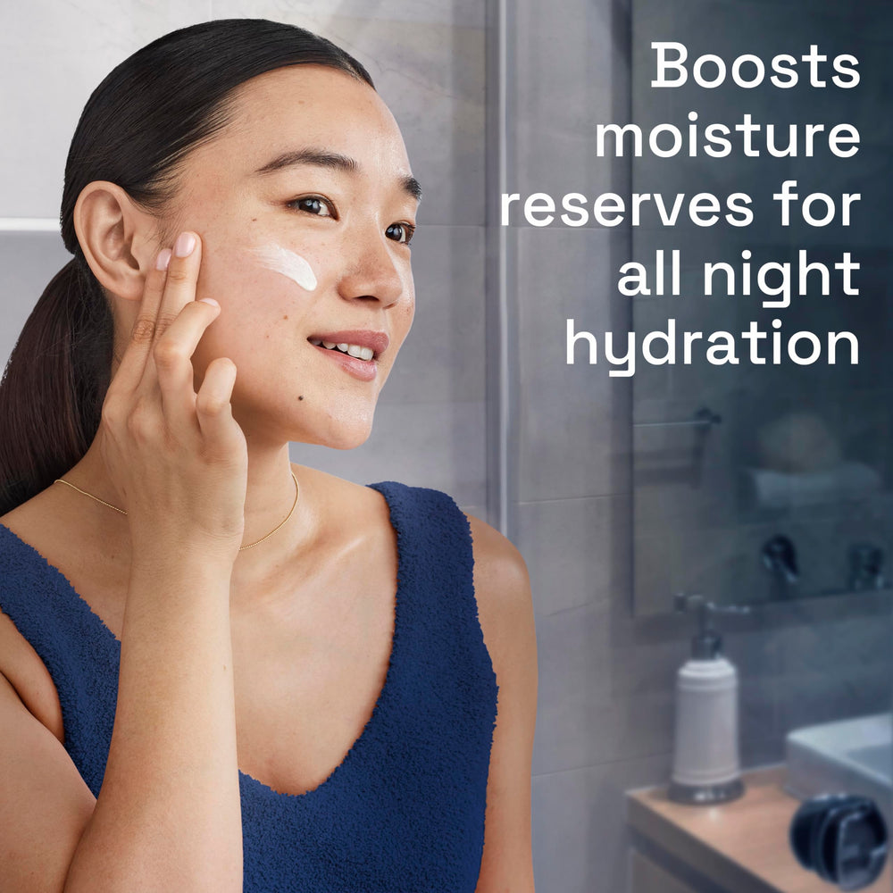 Cetaphil Night Moisturizer hyaluronic-acid closeup highlighting plump hydration.