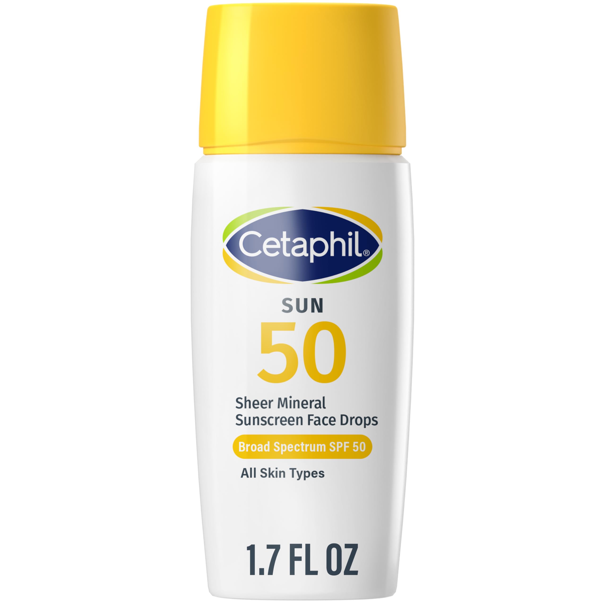 Cetaphil Sheer Mineral sunscreen bottle shows SPF 50 protection for sensitive skin.