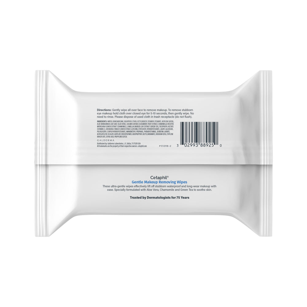 Cetaphil pouch next to a coin showing 25-count size and compact scale for travel