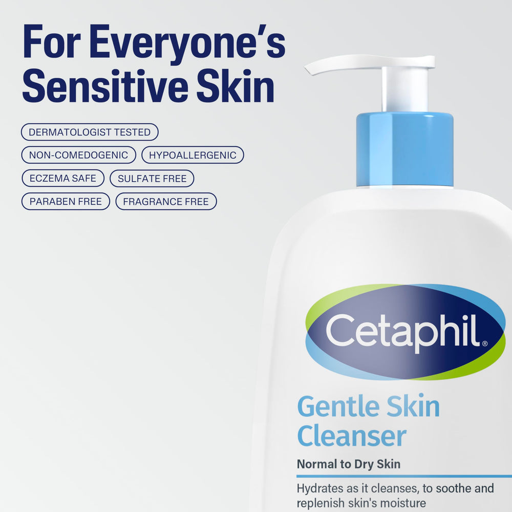 Cetaphil cleanser supporting skin barrier with soothing ingredients.
