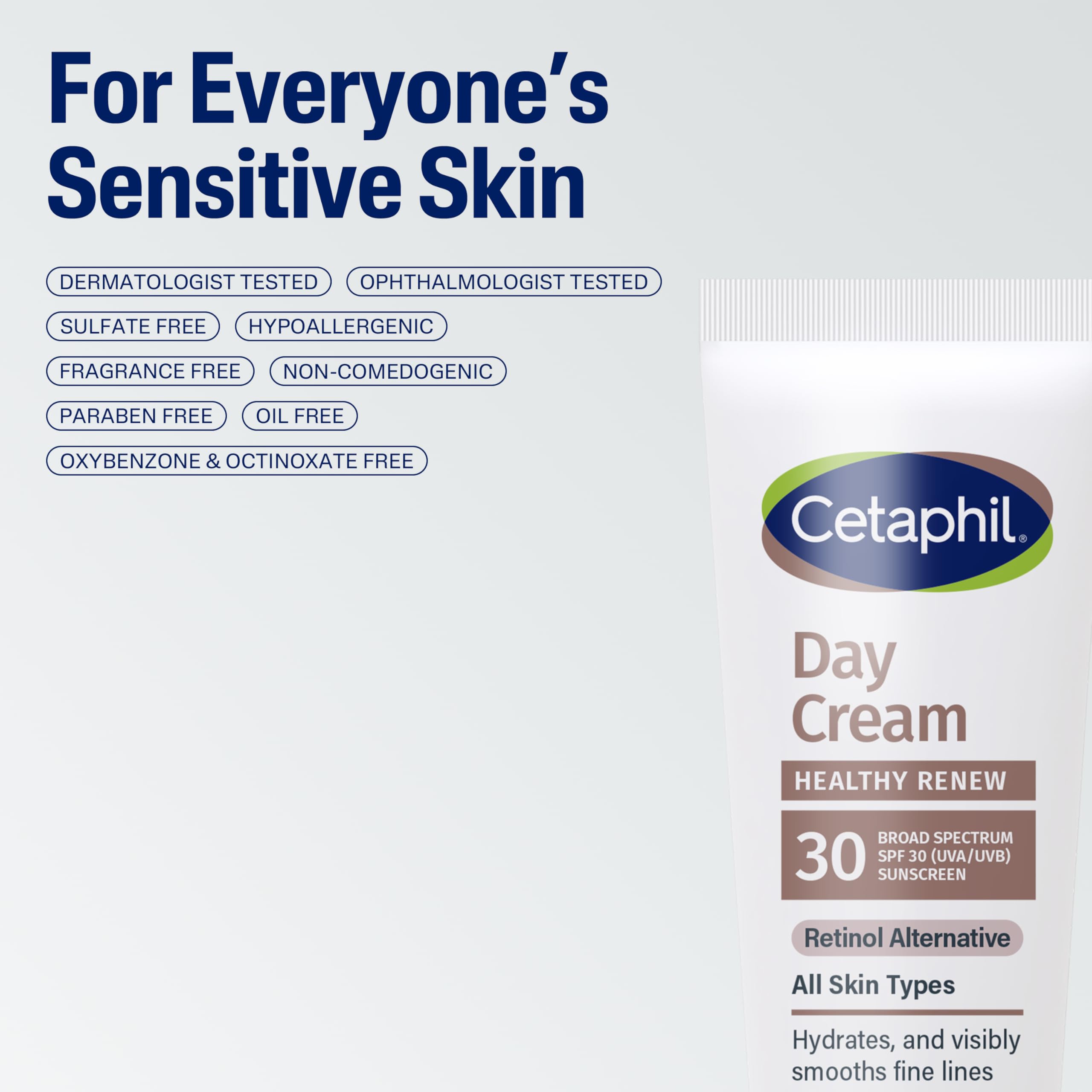 Cetaphil SPF 30 sun protection, shields skin from UVA/UVB rays.