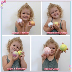 cf natural daily colorful fizzing bath bombs demonstrate gentle color release in warm bath water.