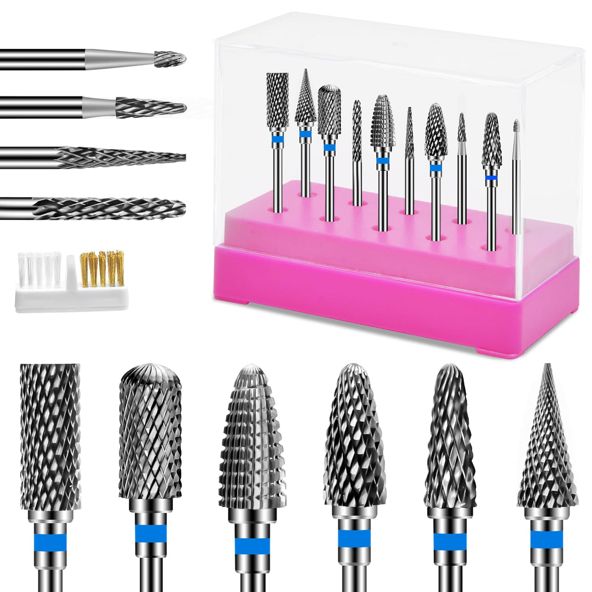 CGBE Nail Drill Bits Set close-up with tungsten carbide tips for precise acrylic shaping.