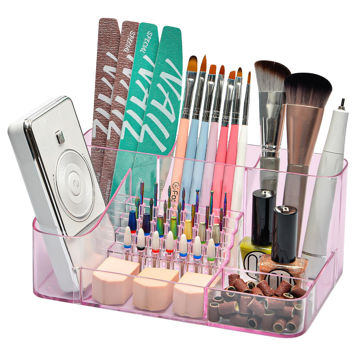 CGBE Nail Drill Holder shows 28 holes in pink transparent acrylic for organized drill bits