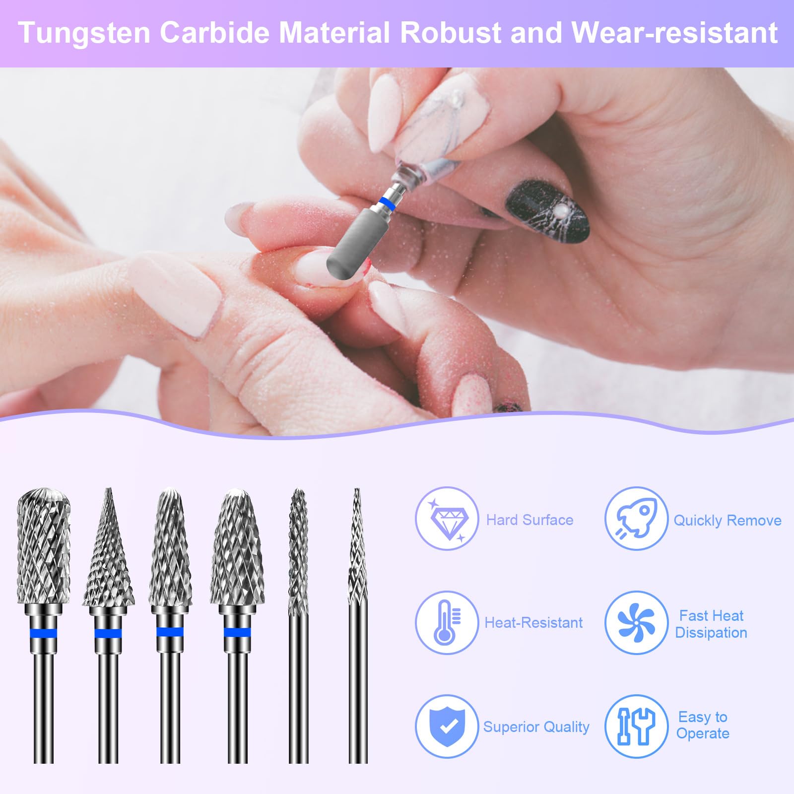CGBE Tungsten carbide nail drill bits close-up for durable, long-lasting manicure grinding.