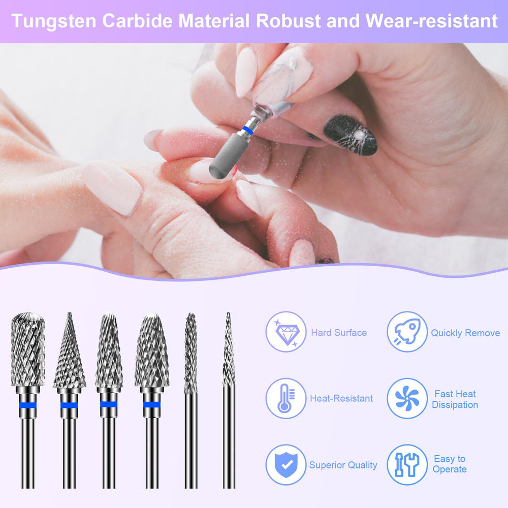 CGBE Tungsten carbide nail drill bits close-up for durable, long-lasting manicure grinding.