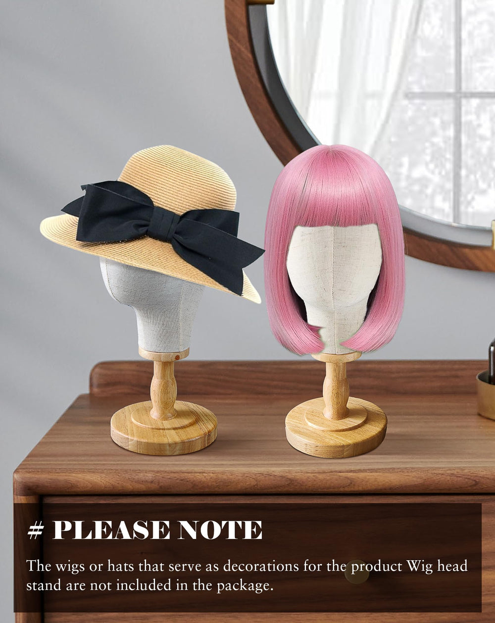 CHADWICK wig head stand shows measurements for precise styling and display