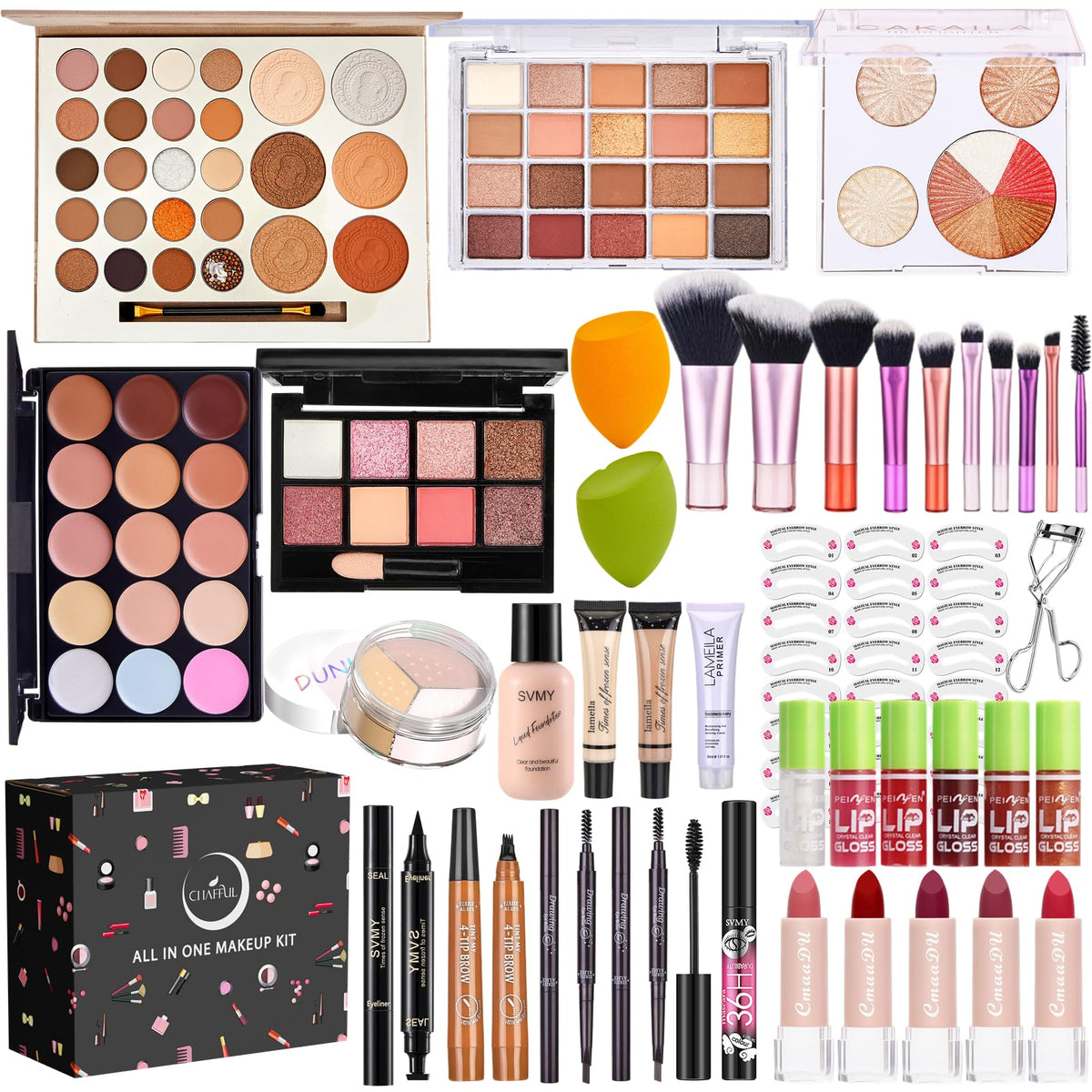 CHAFFUL all-in-one makeup kit packaging demonstrates organized set for versatile looks.