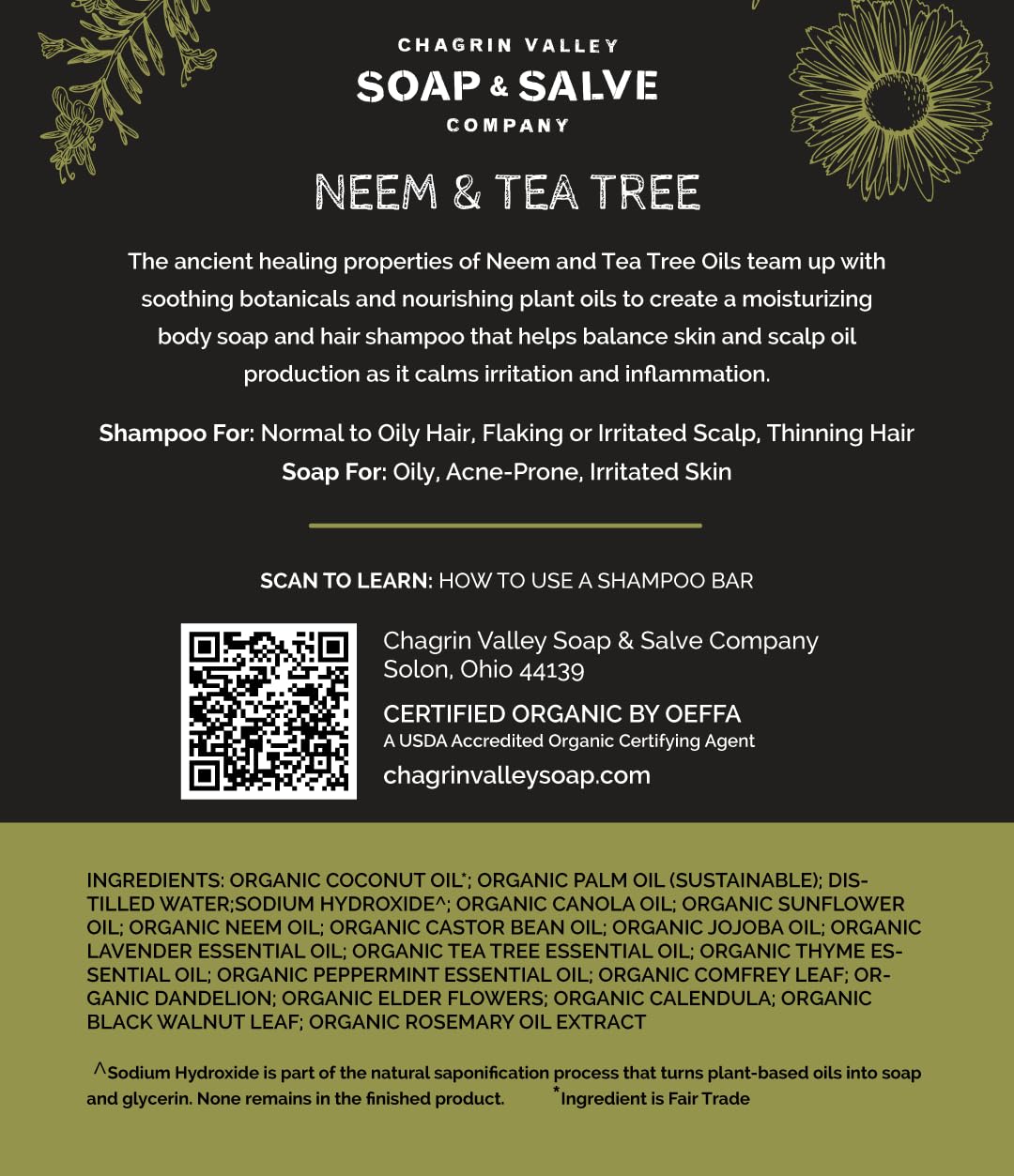 Chagrin Valley Neem & Tea Tree bar resting on skin shows soothing finish.