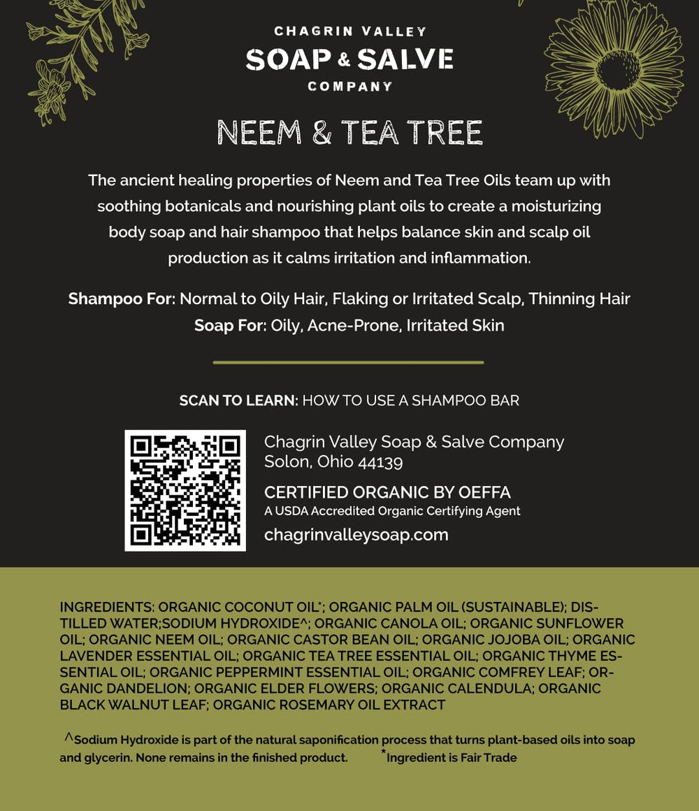 Chagrin Valley Neem & Tea Tree bar resting on skin shows soothing finish.