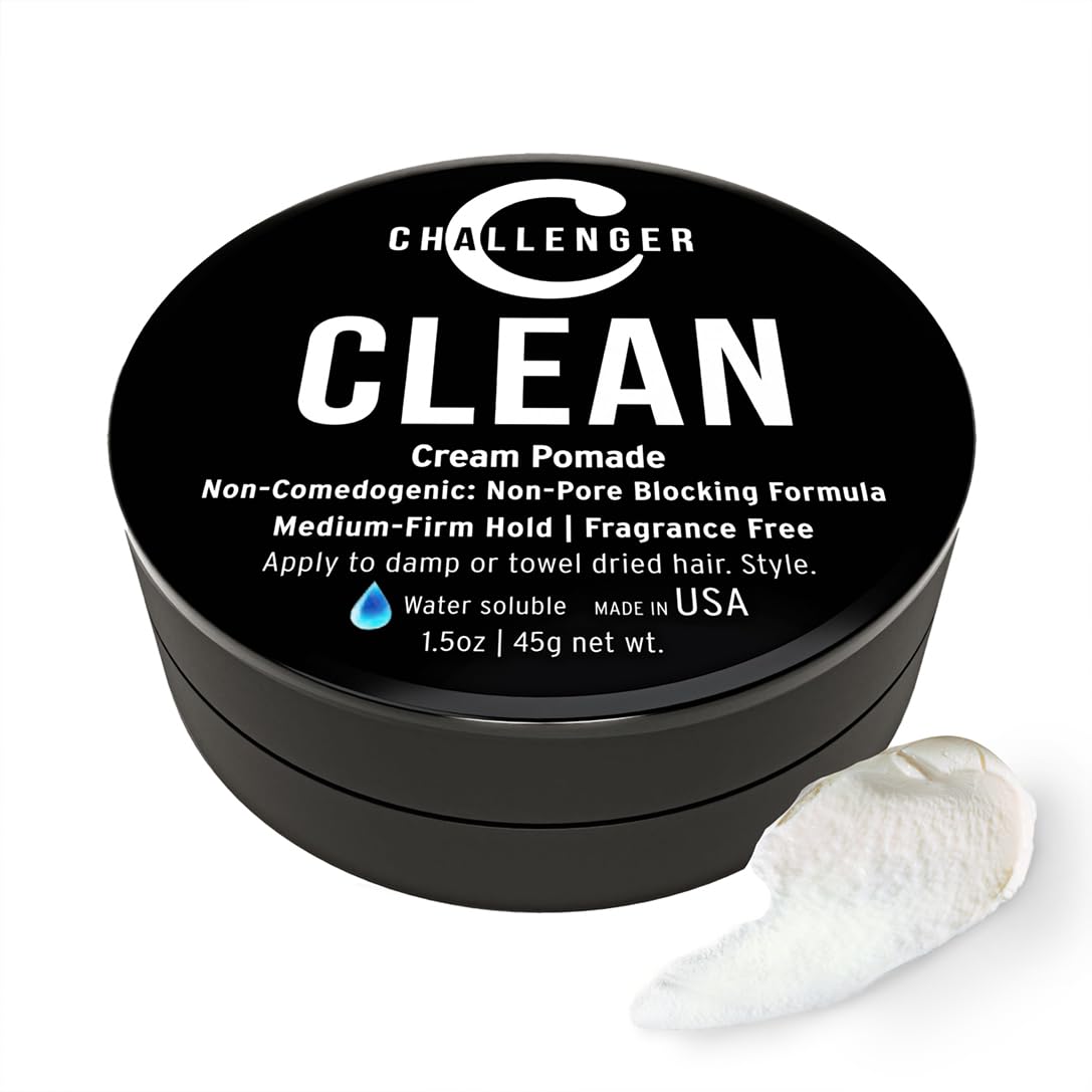 Challenger Fragrance Free Cream Pomade packaging shows travel-friendly 1.5oz size for on-the-go styling