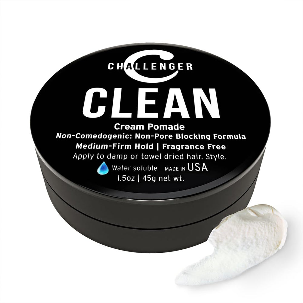 Challenger Fragrance Free Cream Pomade packaging shows travel-friendly 1.5oz size for on-the-go styling