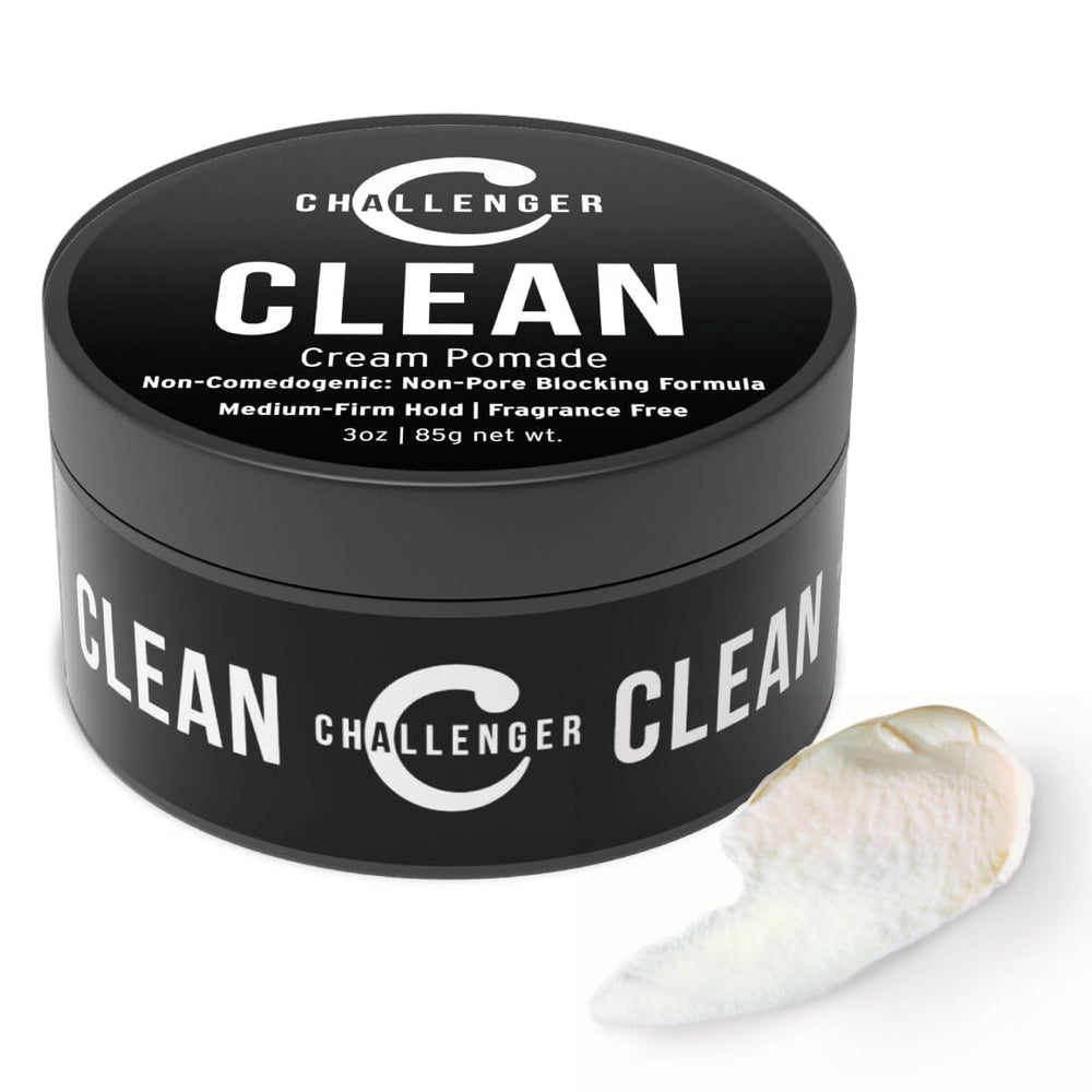Challenger Fragrance Free Cream Pomade tub-front showing fragrance-free formula for sensitive skin