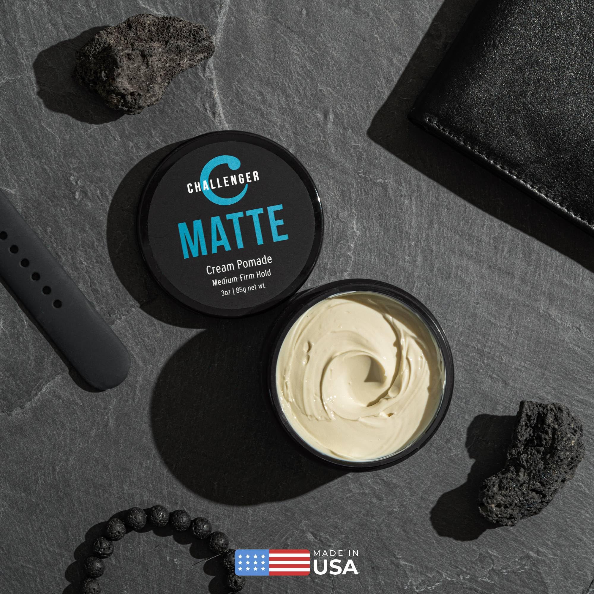 Challenger Matte Cream Pomade applied for natural matte finish on hair.