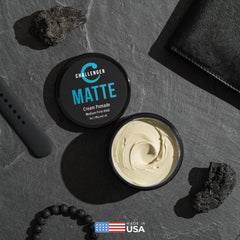 Challenger Matte Cream Pomade applied for natural matte finish on hair.