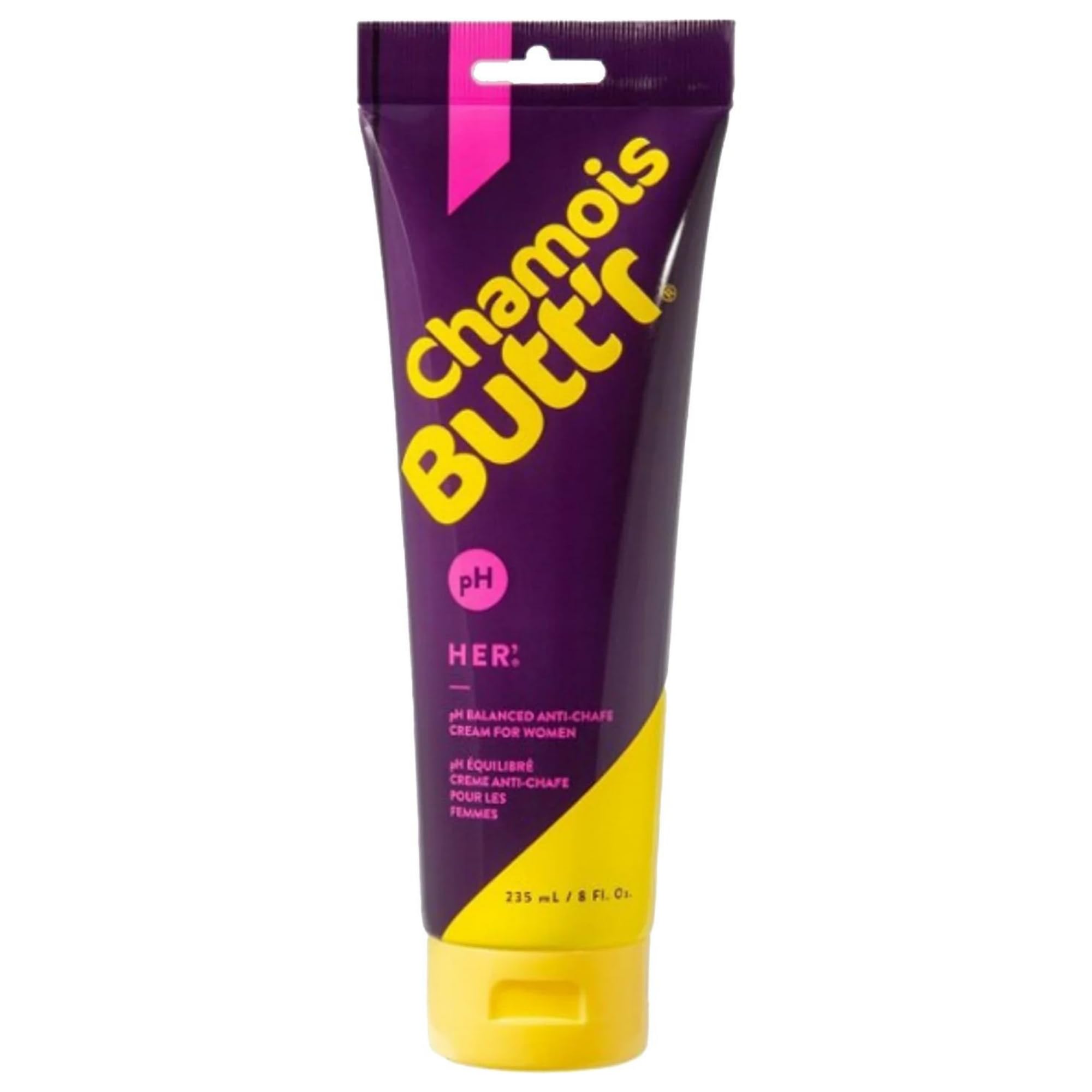 Chamois Butt'r Her' antichafe cream 8oz tube for smoother rides and skin protection.