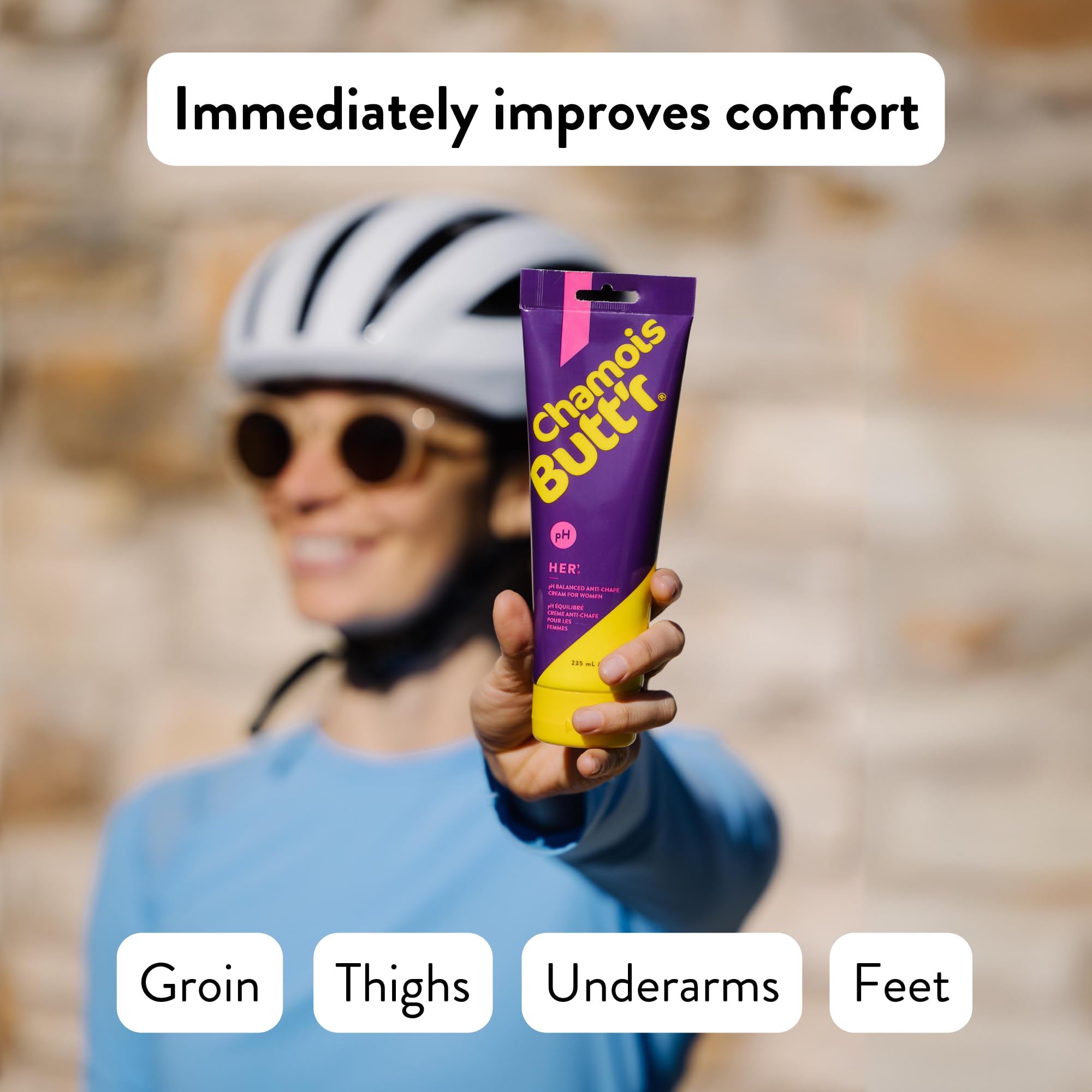 Chamois Butt'r Her' natural ingredients like green tea and tea tree support comfort.