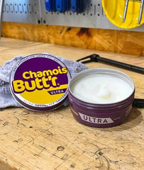 Chamois Butt'r Ultra Balm applied to chamois pad to prevent chafing while cycling.